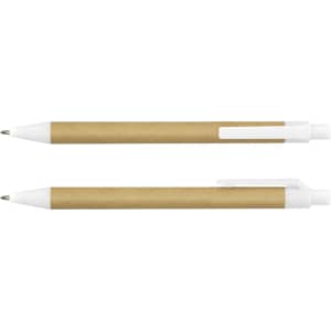 A Kraft pen with a brown paper barrel and white plastic tip and clip, featuring a simple design.