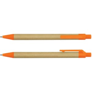 A Kraft pen with an orange plastic tip and clip, featuring a brown paper barrel and a logo.