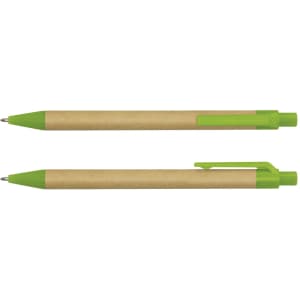 A Kraft Pen featuring a brown paper barrel and green plastic details. The pen has a logo on its surface.