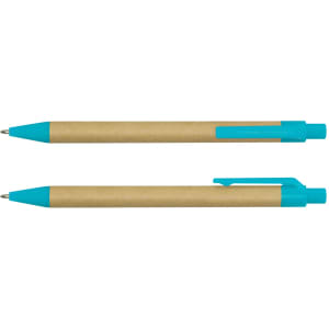 A blue and brown Kraft Pen, featuring a plastic barrel and grip with a matching top.