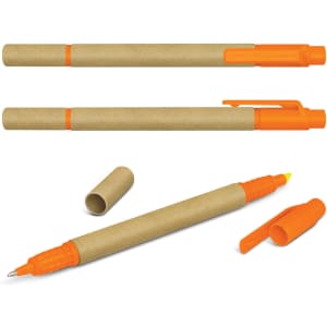 A set of Kraft pen highlighters featuring a natural brown casing and bright orange accents. There are two highlighters and one pen.
