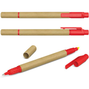 A set of Kraft pens with red accents, including highlighters and retractable pens, featuring a cardboard design.