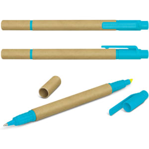 A set of Kraft Pen highlighters in blue and yellow with a natural brown paper casing and a logo on the side.