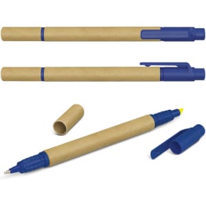 A set of Kraft Pen highlighters in blue and yellow, featuring eco-friendly paper barrels and blue caps.