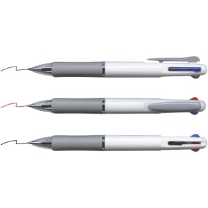 A set of three plastic pens in white with grey grips, featuring blue, black, and red ink. Each pen has a clip and branding.