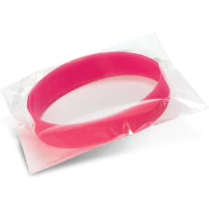 A pink silicone wristband displayed in clear packaging, featuring a logo.