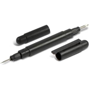 A black pocket screwdriver set featuring a central tool and two removable caps for protection.
