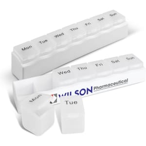 A white medication organiser featuring compartments for each day of the week, with a small logo visible.