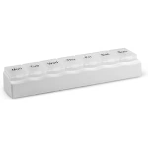 A white medication organiser with compartments labelled for each day of the week.