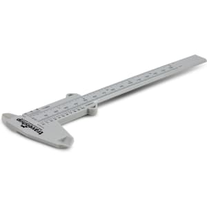 A grey Vernier caliper with measurement scales, featuring a branding logo.