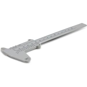 A Vernier caliper in a light gray color with measurement markings for precise measurements.