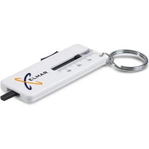 A white key ring tool with a ruler and a sliding mechanism, featuring a logo.