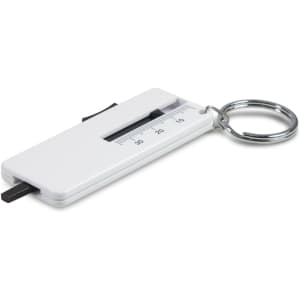 A white tyre tread key ring with a measurement ruler and a silver metal keyring attached.