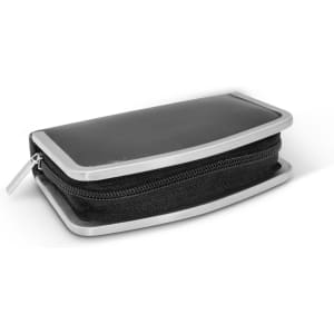 A manicure set in a sleek, black zippered case with a metallic frame.