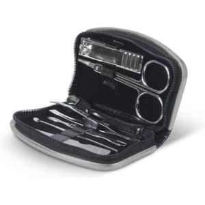 A grey manicure set in a zipped case containing nail clippers, scissors, and various tools.