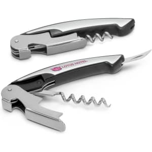 A drink bottle opener and corkscrew in silver and black, featuring a logo on the handle.