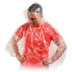 A transparent emergency rain coat worn by a person in a red T-shirt, featuring a hood and open front.