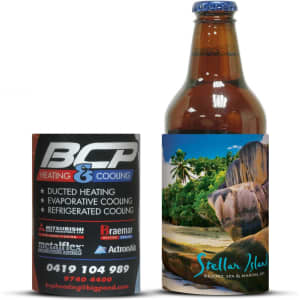 A drink bottle wrapped in a colourful neoprene stubby holder, featuring a tropical island image and a logo.