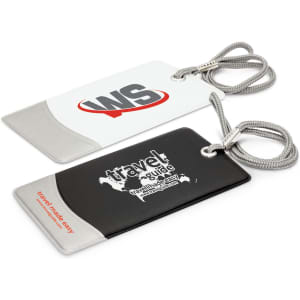 A set of two luggage tags, one white with a logo and one black with a logo, each featuring a silver detail and a cord.