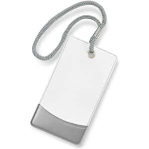 A luggage tag with a clear white surface and a gray bottom, featuring a sturdy strap for attachment.