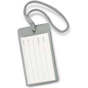 A grey luggage tag with a textured finish and a braided attachment strap. It has a blank area for personal details.