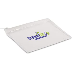 A clear zippered pouch with a white top and a logo, designed for travel accessories and organisation.