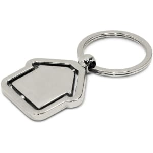 A metal key ring shaped like a house, featuring a shiny silver finish and a circular keychain attachment.