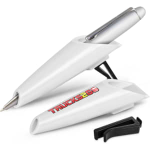 A white car pen holder with a silver pen, featuring a black clip and displaying a logo.