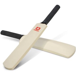A mini cricket bat in cream colour with two black grips and a logo.
