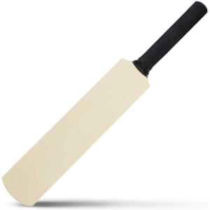 A mini cricket bat with a black textured grip and a smooth wooden blade, displayed on a white background.