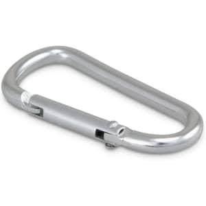 A silver carabiner with a metal clasp, designed for securing items together.