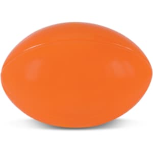 An orange stress rugby ball, designed for relieving stress and promoting fun.