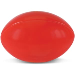 A red stress rugby ball designed for fun and relaxation, shaped like a traditional rugby ball.