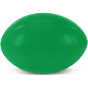 A green stress rugby ball designed for fun and stress relief. Suitable for games and relaxation.