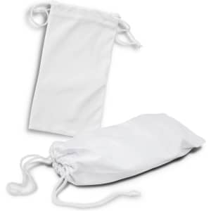 A set of two white microfiber pouches with drawstring closures, featuring a smooth texture and a simple design.