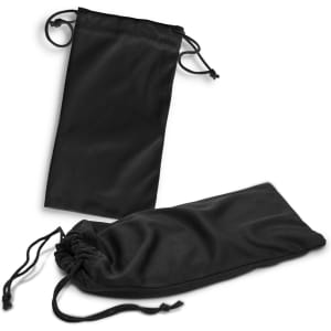 A set of two black microfibre pouches with drawstring closures, featuring a smooth and soft texture.