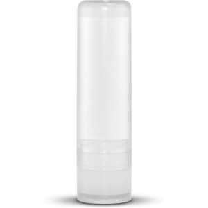 A lip balm tube in a clear, cylindrical design.