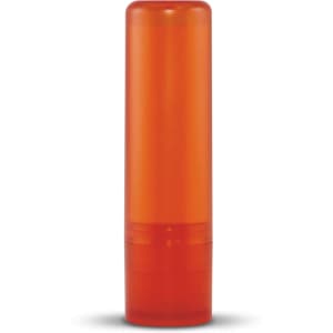 An orange lip balm tube with a transparent design and a twist-up applicator. It features a logo.