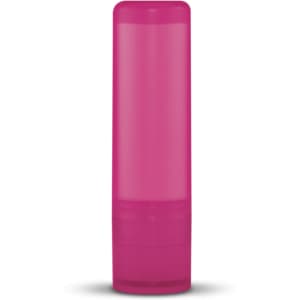 A lip balm container in a vibrant pink color with a twist-up design.