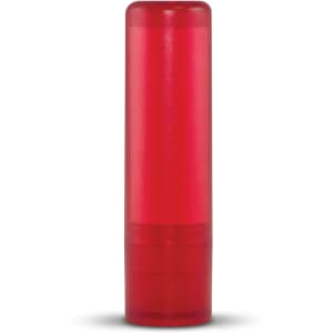 A red lip balm container with a cylindrical shape, featuring a smooth, glossy finish.