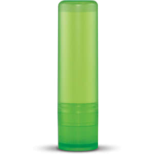 A green lip balm container with a twist-up applicator.