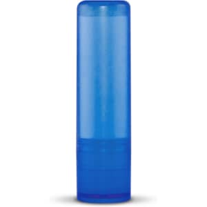 A blue lip balm container with a twist-up base and a clear lid, featuring a logo on the front.