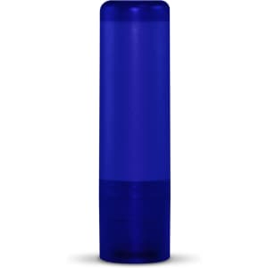 A blue lip balm container with a cylindrical shape and a clear base. It features a simple design and a logo.