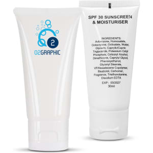 A white sunscreen tube containing 30ml of SPF 30 sunscreen and moisturiser, with a logo on the front.