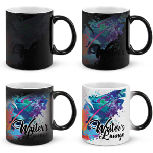 A coffee mug featuring a black and white design with vibrant splash colours and a logo. Handles included.
