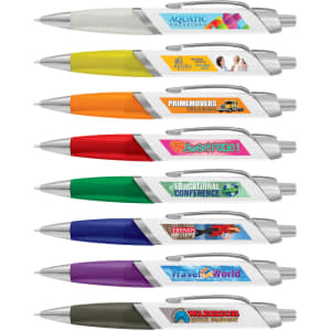 A collection of plastic pens in various colours including green, orange, blue, purple, and black, with logos on each.