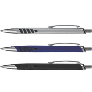 Three B-52 pens in silver, blue, and black, featuring grips and a metal clip. Each pen has a branding logo.