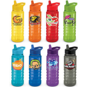 A drink bottle collection featuring various bright colours including orange, yellow, green, blue, purple, and grey. Each bottle has a logo.