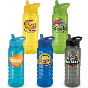 A drink bottle collection featuring various colours: yellow, green, blue, and grey, each with a logo.