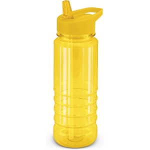 A drink bottle in vibrant yellow with a straw and a flip-top lid, featuring a textured grip design.